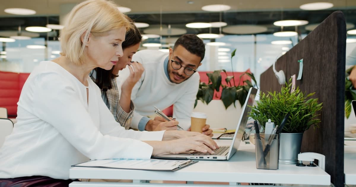 Creative agency team reviewing project profitability dashboard