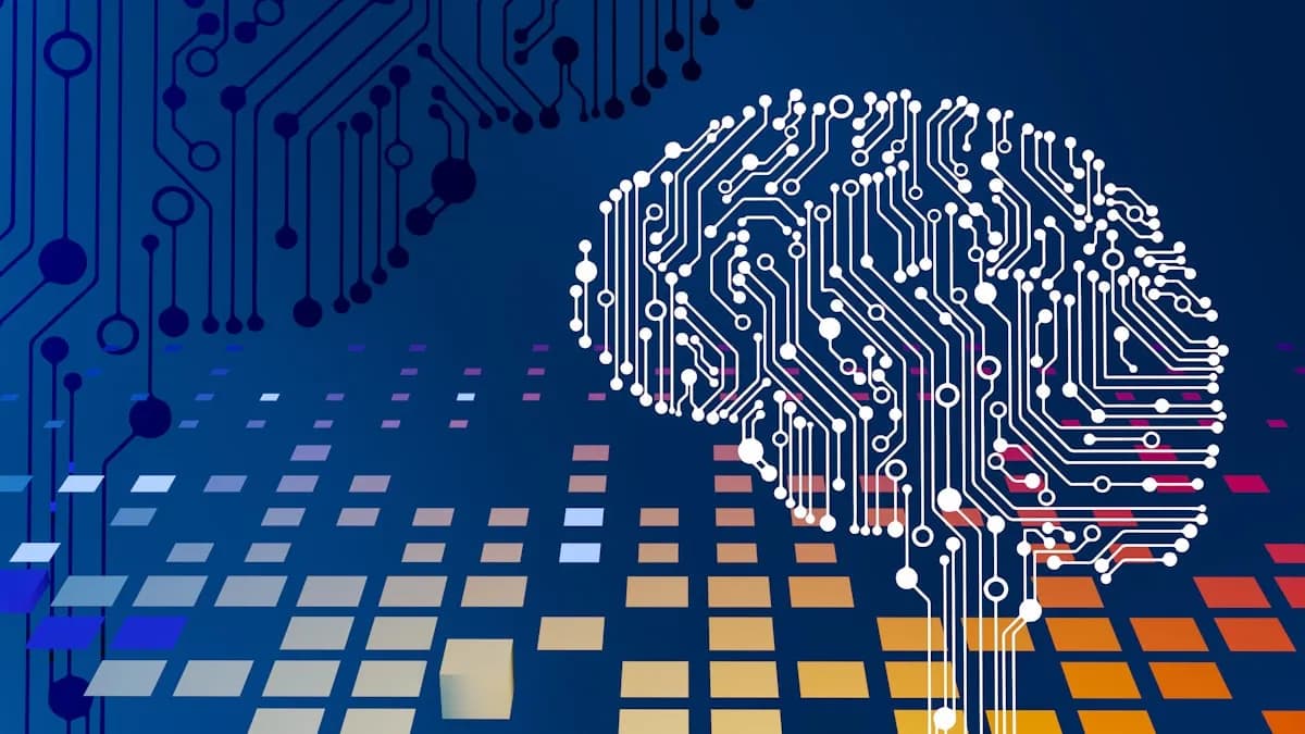 Circuit board with a brain motif representing AI applied to business workforce productivity